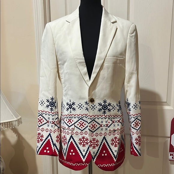 Shinesty Red and Cream Nordic Holiday Pattern Blazer Jacket size 36 - Picture 2 of 12